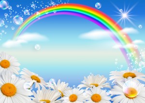 Daisies and rainbow against the sky